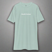 Men's agave colored t-shirt with the words Humble Sundays across the chest.