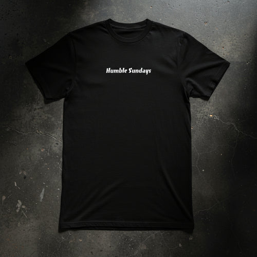 Men's black t-shirt with the words Humble Sundays across the chest.