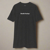 Men's charcoal colored t-shirt with the words Humble Sundays across the chest.