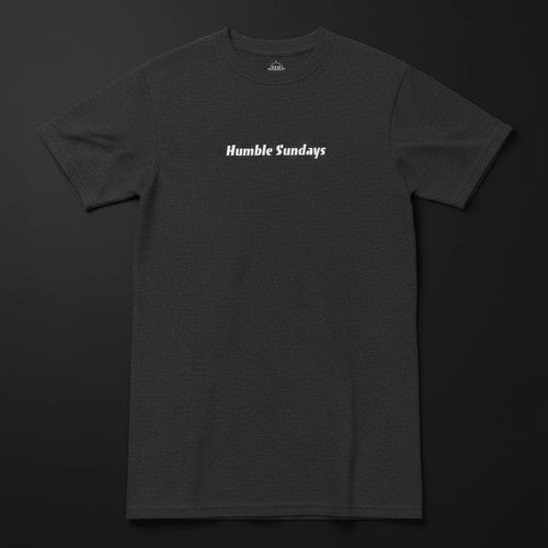 Men's charcoal colored t-shirt with the words Humble Sundays across the chest.