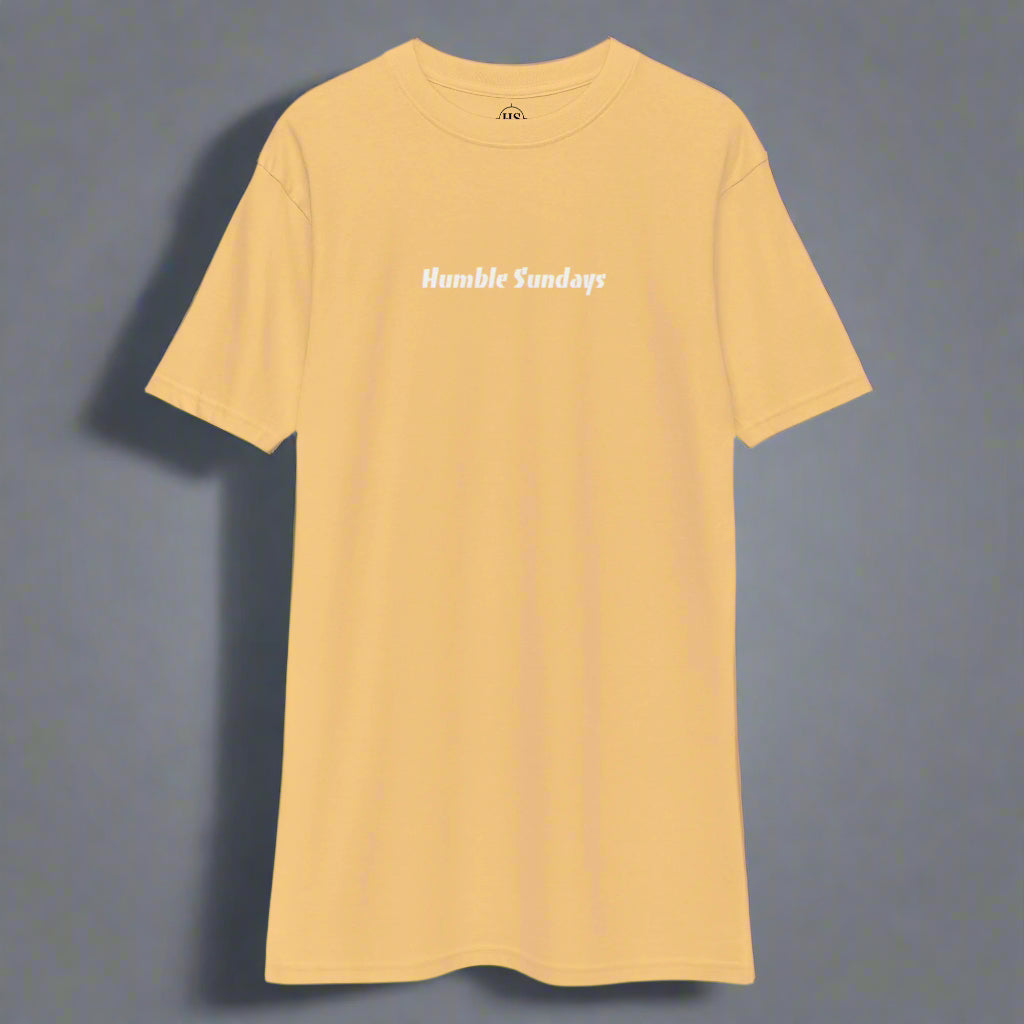 Men's gold t-shirt with the words Humble Sundays across the chest.