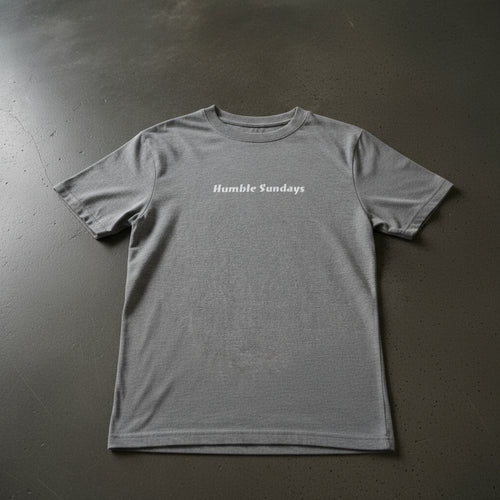 Men's grey t-shirt with the words Humble Sundays across the chest.