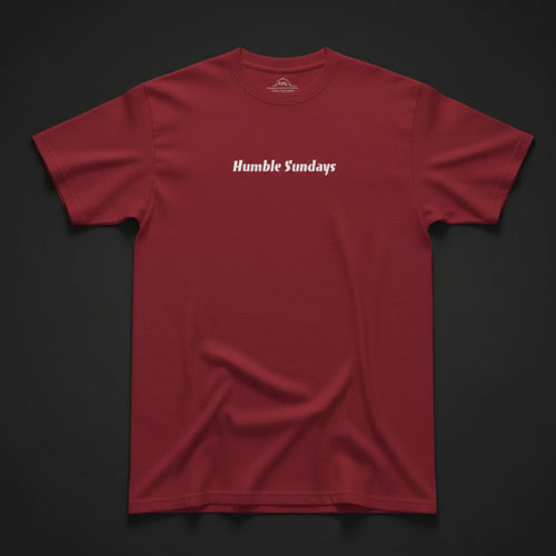 Men's red t-shirt with the words Humble Sundays across the chest