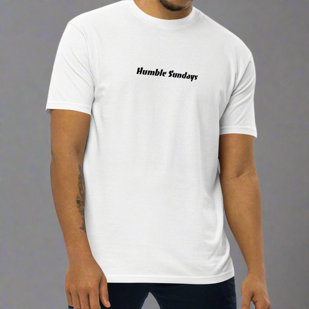 Men's white t-shirt with the words Humble Sundays across the chest.