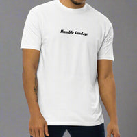 Men's white t-shirt with the words Humble Sundays across the chest.