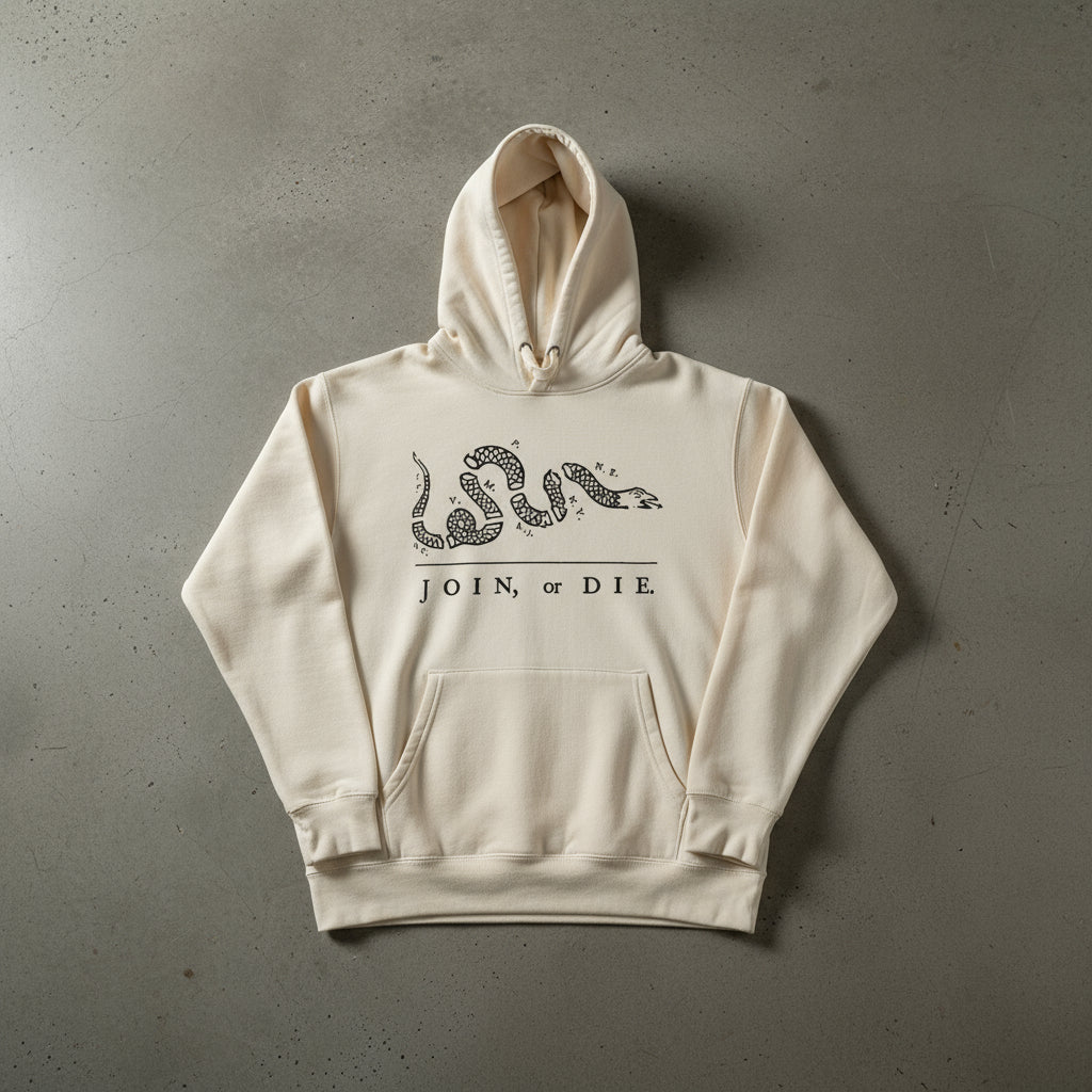 beige hoodie with join or die snake design