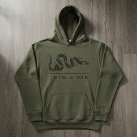 Military green hoodie with join or die snake design
