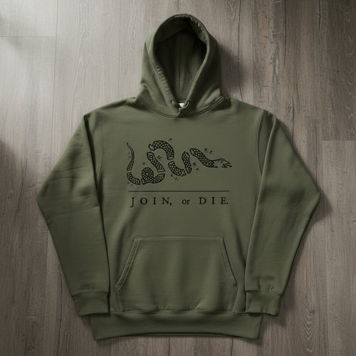 Military green hoodie with join or die snake design