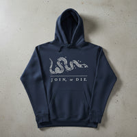 navy hoodie with join or die snake design