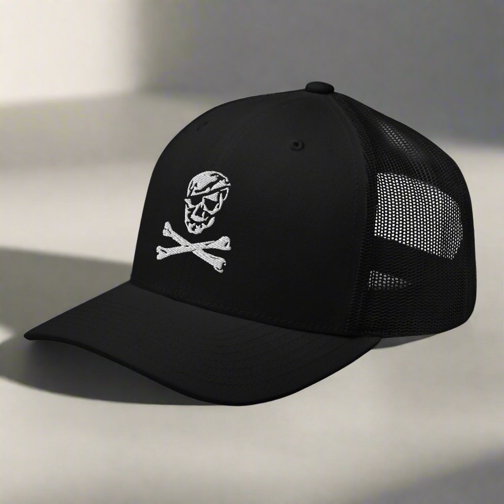 Jolly Roger skull and bones snapback trucker hat