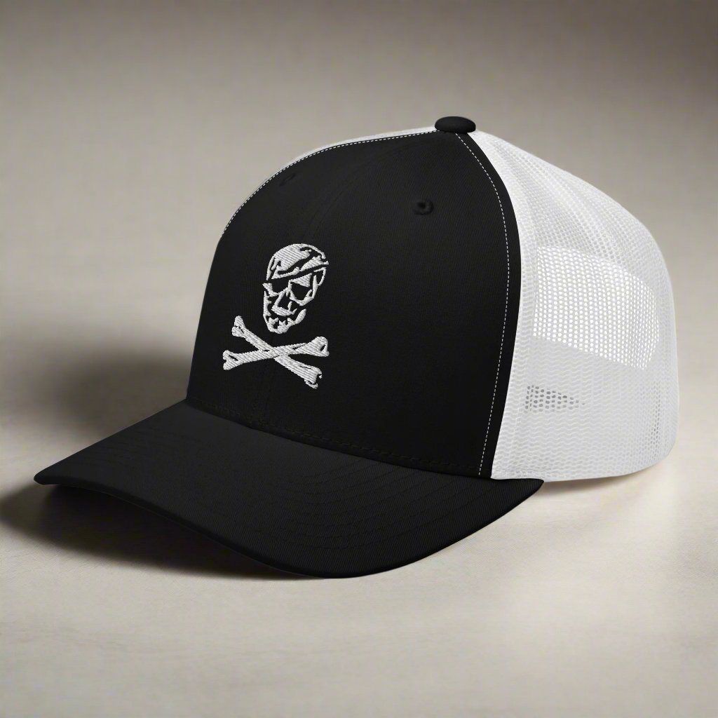 Jolly Roger skull and bones snapback trucker hat