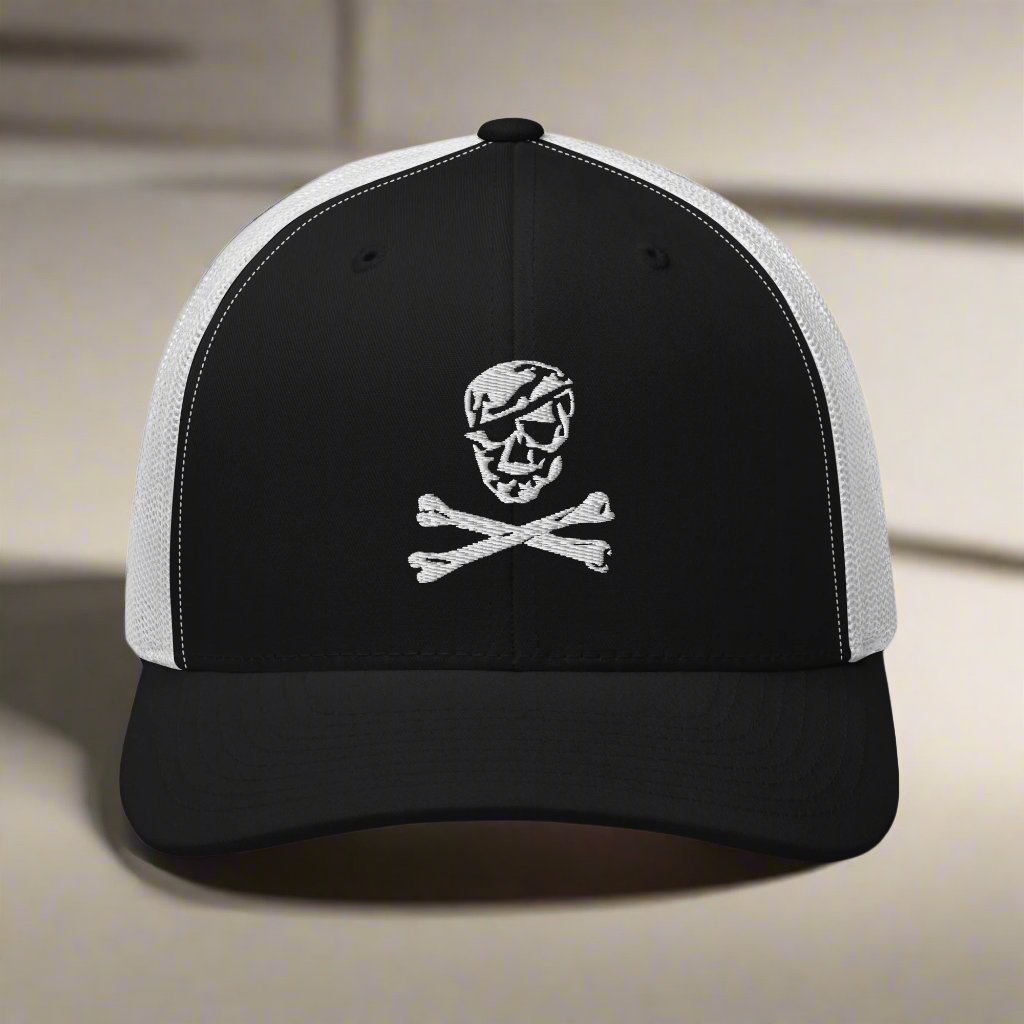 Jolly Roger skull and bones snapback trucker hat