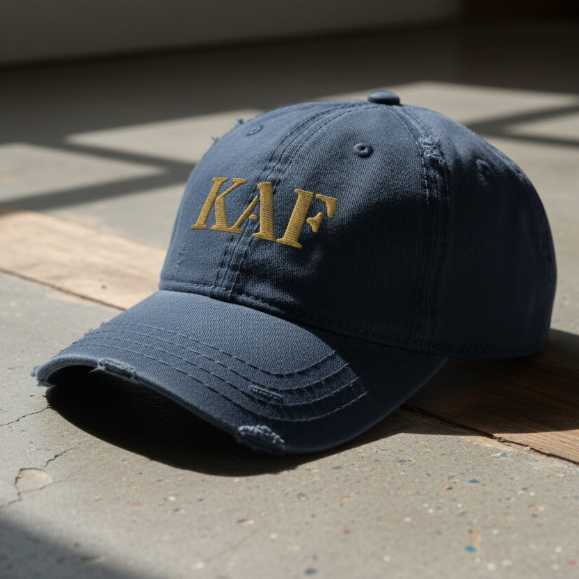 distressed dad hat with the text KAF for kandahar airfield 