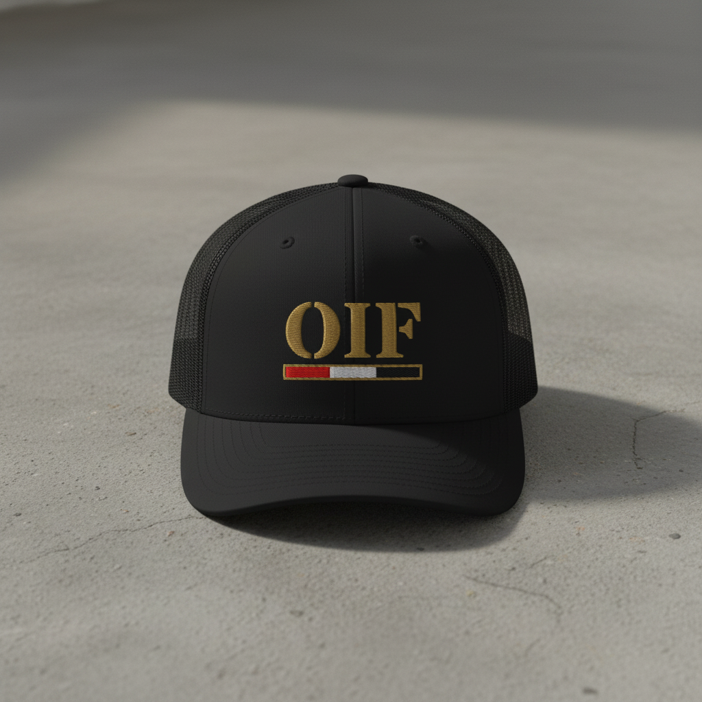 black snapback trucker hat with embroidered text 'OIF'