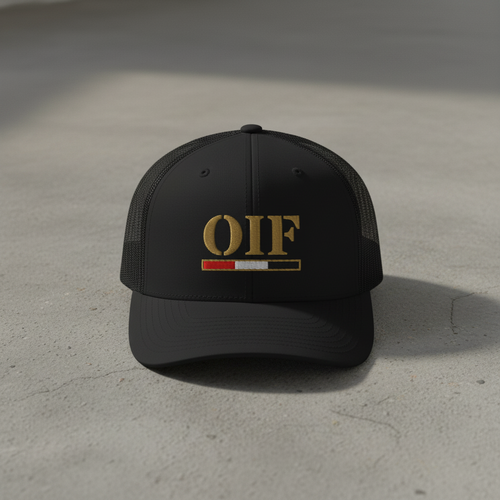 black snapback trucker hat with embroidered text 'OIF'