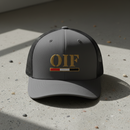 charcoal snapback trucker hat with embroidered text 'OIF'