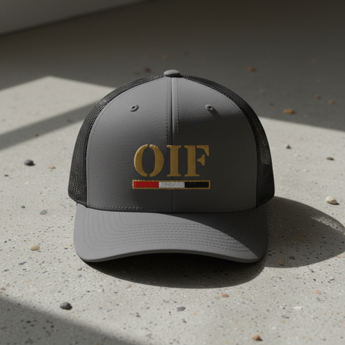 charcoal snapback trucker hat with embroidered text 'OIF'