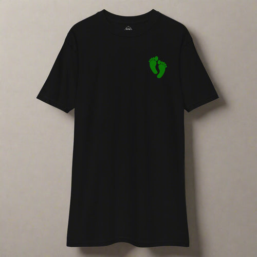 Black t-shirt with air force pj green feet on left chest
