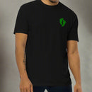 Black t-shirt with air force pj green feet on left chest
