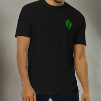 Black t-shirt with air force pj green feet on left chest