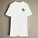 White t-shirt with air force pj green feet on left chest
