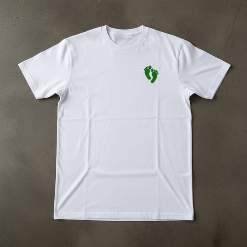 White t-shirt with air force pj green feet on left chest