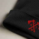 Black beanie with US Army Rangers crossed tomahawk and RLTW design. 
