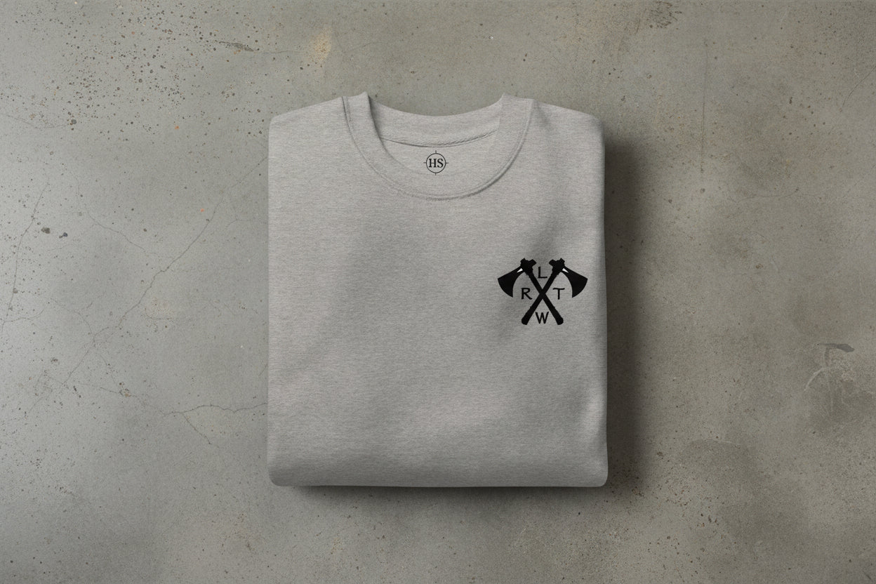 Sweatshirt with crossed tomahawks and RLTW design on the left chest