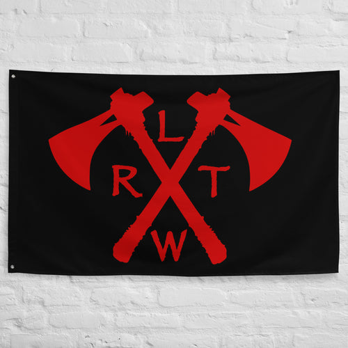 black flag with crossed tomahawks and RLTW