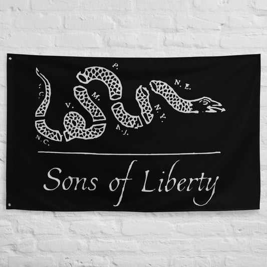 Patriotic flag of the don't tread on me snake with the words sons of liberty