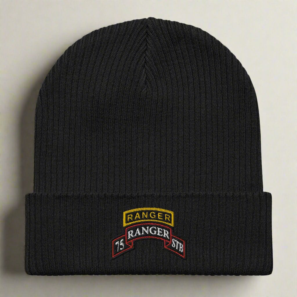 75th Ranger Regiment STB scroll and ranger tab embroidered on our ribbed beanie