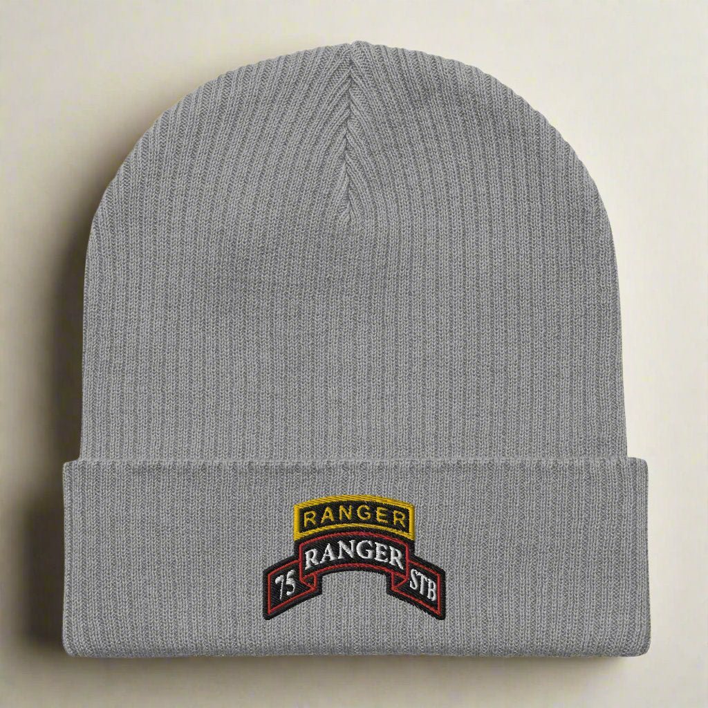 75th Ranger Regiment STB scroll and ranger tab embroidered on our ribbed beanie