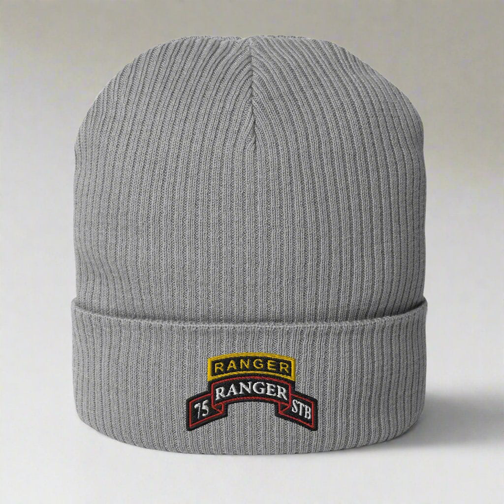 75th Ranger Regiment STB scroll and ranger tab embroidered on our ribbed beanie