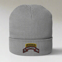 75th Ranger Regiment STB scroll and ranger tab embroidered on our ribbed beanie