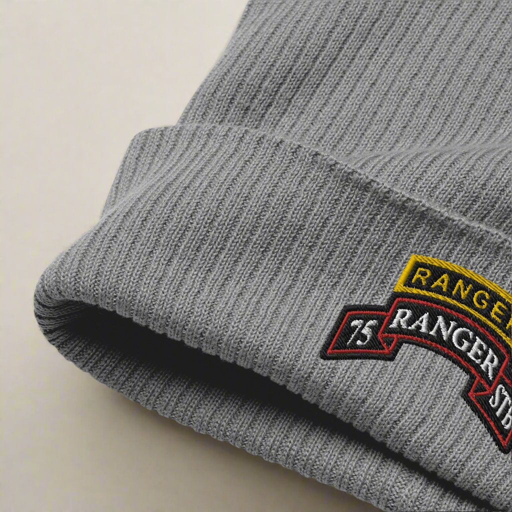 75th Ranger Regiment STB scroll and ranger tab embroidered on our ribbed beanie