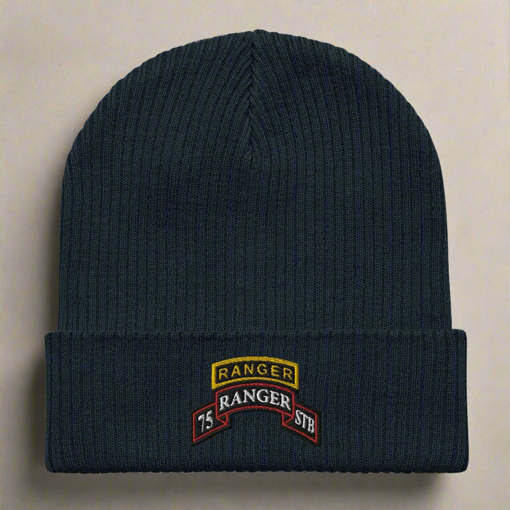 75th Ranger Regiment STB scroll and ranger tab embroidered on our ribbed beanie