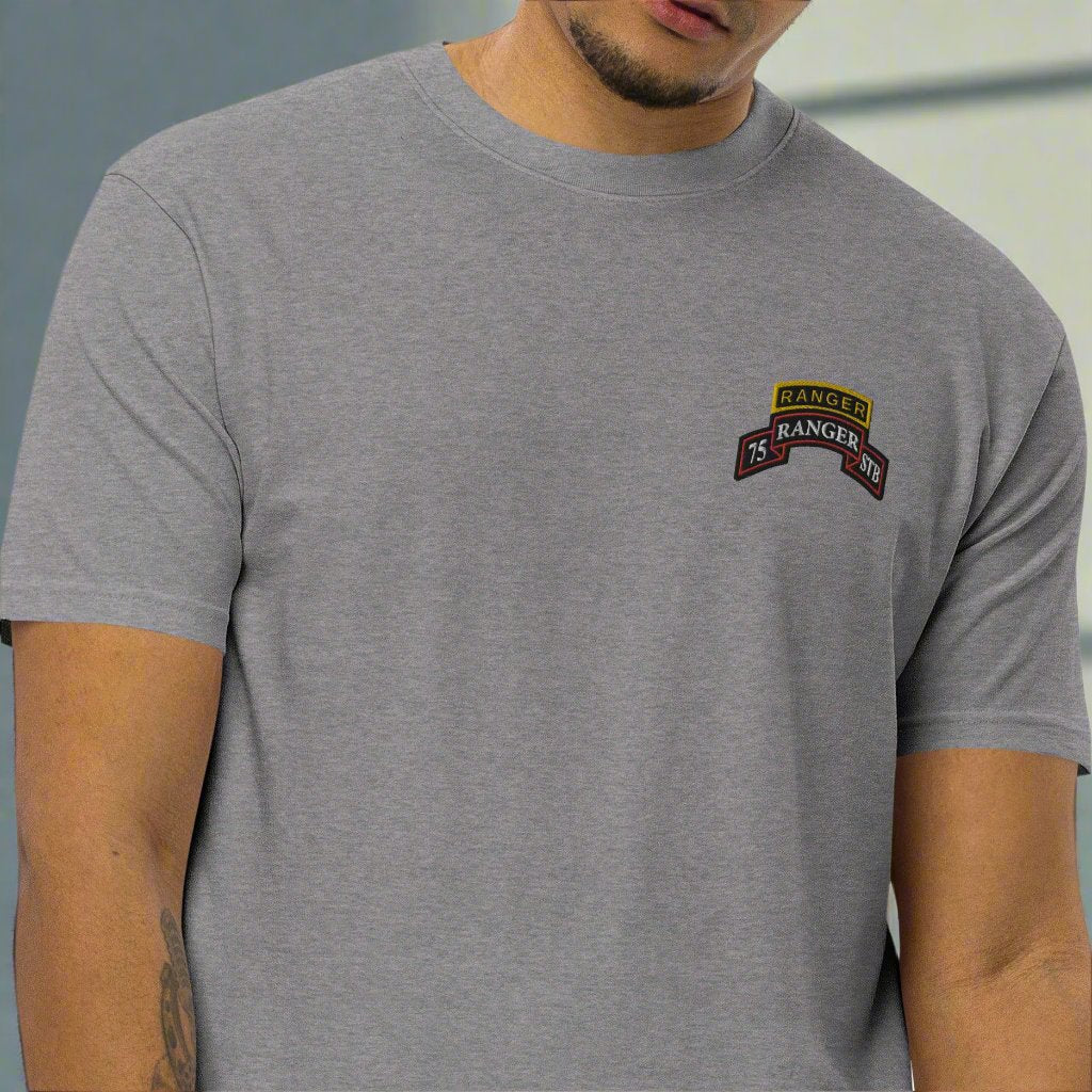 75th ranger regiment special troops battalion embroidered scroll and ranger tab on a men's heavy weight t-shirt.