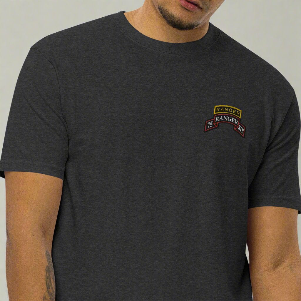 75th ranger regiment special troops battalion embroidered scroll and ranger tab on a men's heavy weight t-shirt.