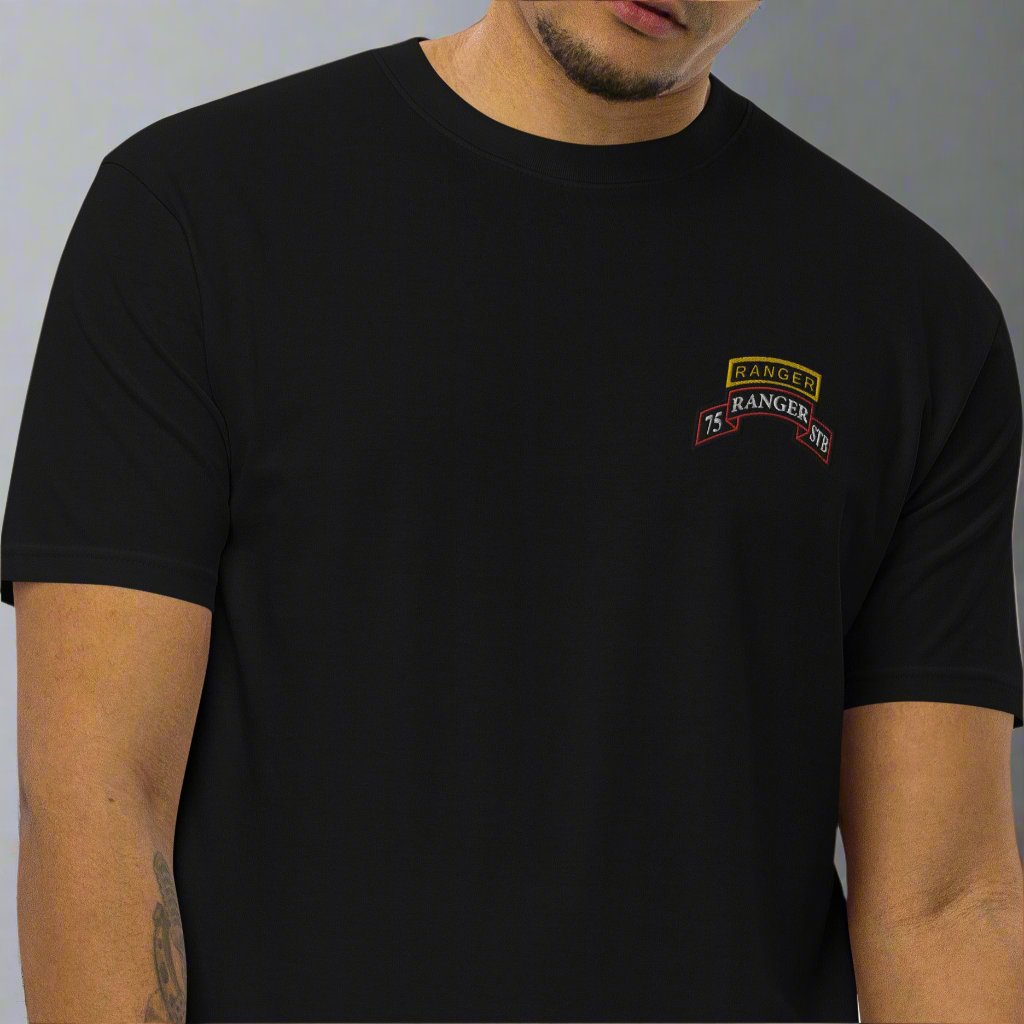 75th ranger regiment special troops battalion embroidered scroll and ranger tab on a men's heavy weight t-shirt.