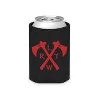 Black can cooler with red crossed tomahawks.