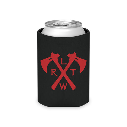 Black can cooler with red crossed tomahawks.