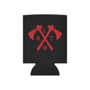 Black can cooler with red crossed tomahawks.