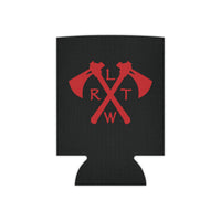 Black can cooler with red crossed tomahawks.