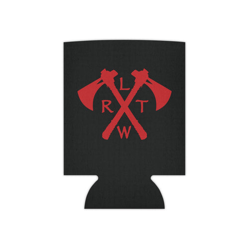 Black can cooler with red crossed tomahawks.