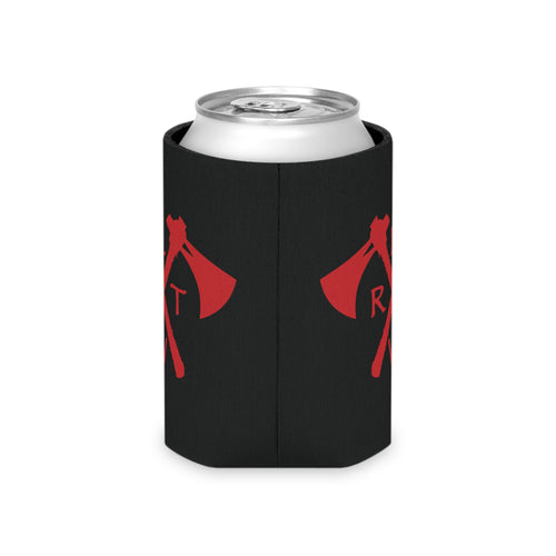 Black can cooler with red crossed tomahawks.