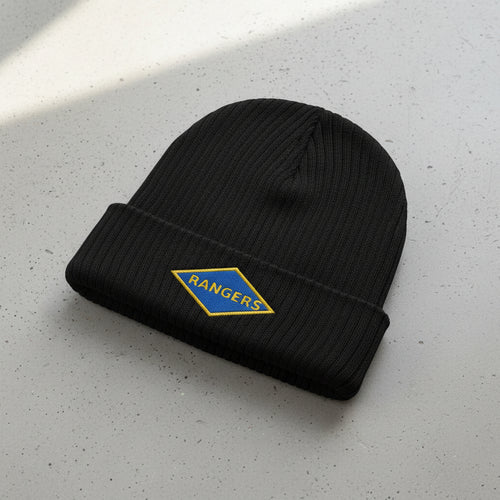Ribbed knit beanie with WW2 blue ranger diamond insignia