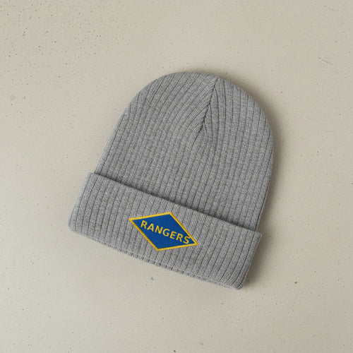 Ribbed knit beanie with WW2 blue ranger diamond insignia