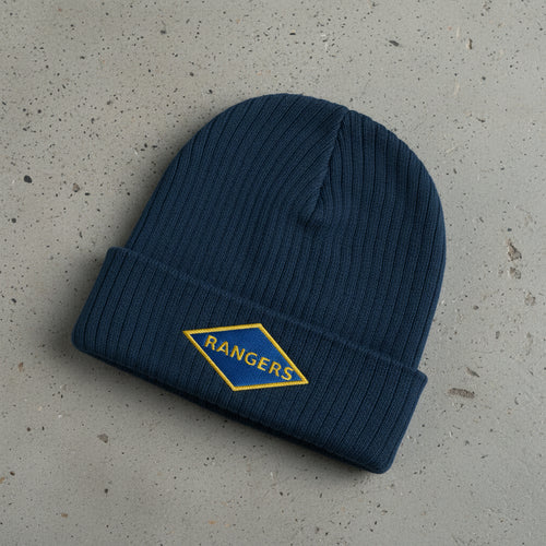 Ribbed knit beanie with WW2 blue ranger diamond insignia