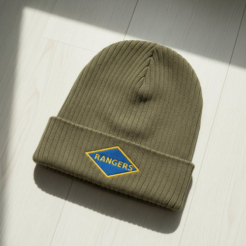 Ribbed knit beanie with WW2 blue ranger diamond insignia