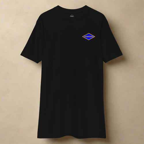 Black t-shirt with world war 2 blue ranger diamond on left chest